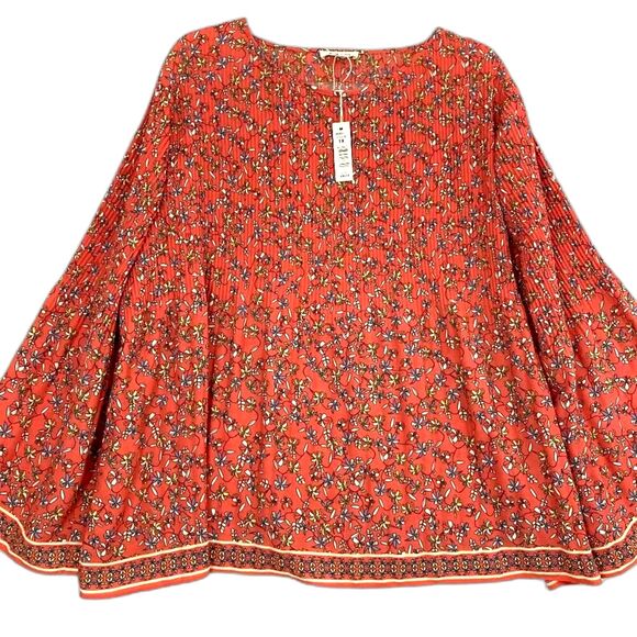 New Max Studio Red Ditsy Floral Flare Sleeve Pleated Boho Feminine Top 1X NWT - Picture 2 of 6